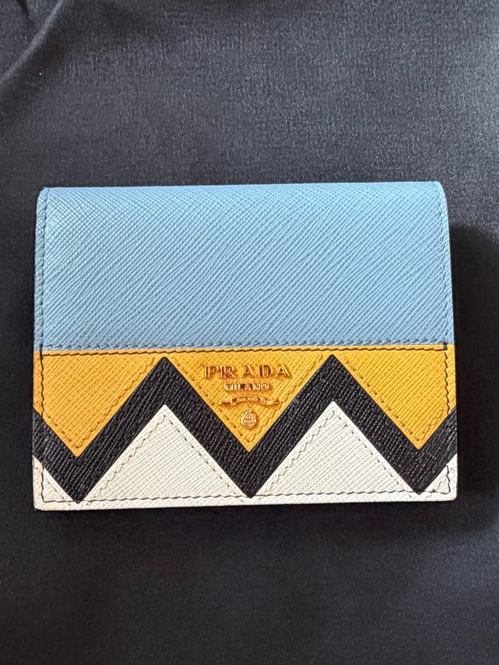 Prada Saffiano Leather Wallet in Light Blue & Yellow Chevron Great Condition
